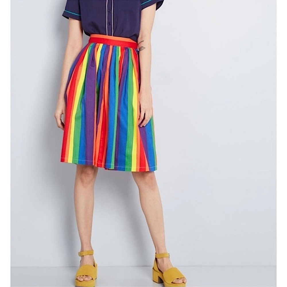 {Modcloth} "Aspiration Creation" Rainbow Stripe Pride Knee Length Midi Skirt